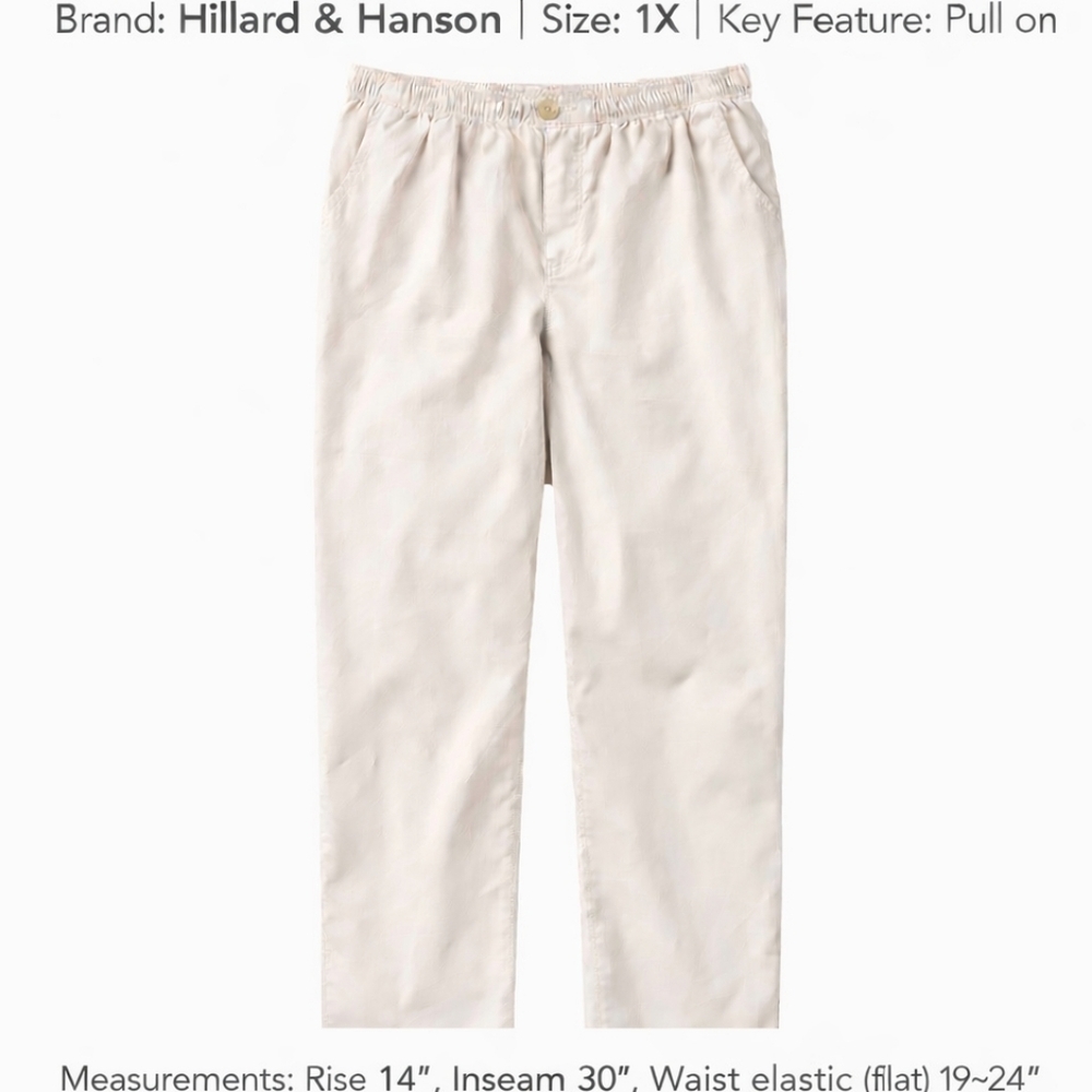 Hillard & Hanson Cream Pull-On Pants 1X | Elastic Waist | Straight Leg